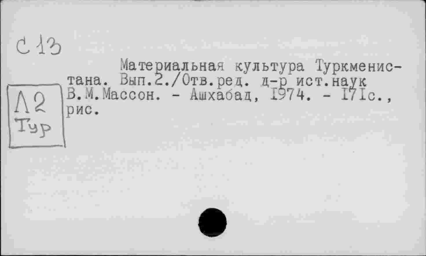 ﻿А2
Материальная культура Туркменистана. Зып.2./0тв.ред. д-р ист.наук В.М.Массон. - Ашхабад, 1974. - 171с., рис.